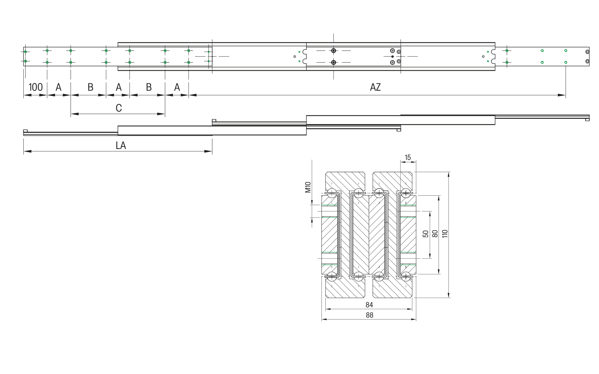 CNC-gefräste Teleskopschiene Überauszug 200% DDTS-110, bis 840 kg/Paar – Bild 2