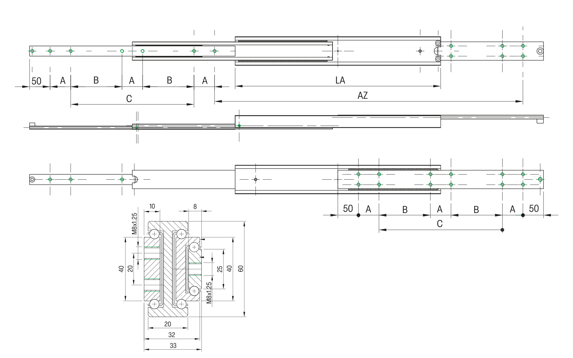 CNC-gefräste Teleskopschiene Überauszug 150% SQSRT-60, bis 140 kg/Paar – Bild 2